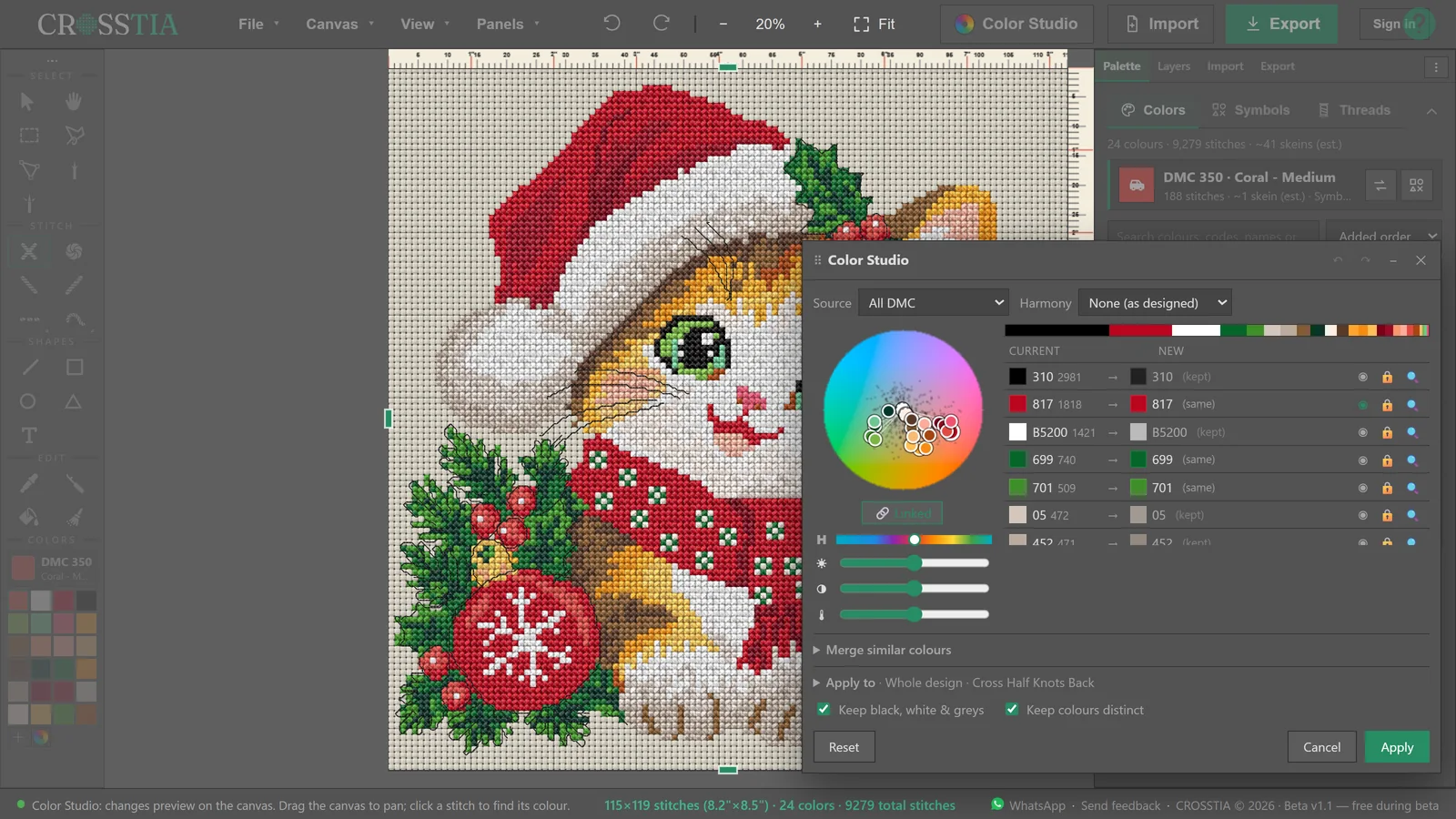 Color Studio recolouring the Christmas Cat pattern