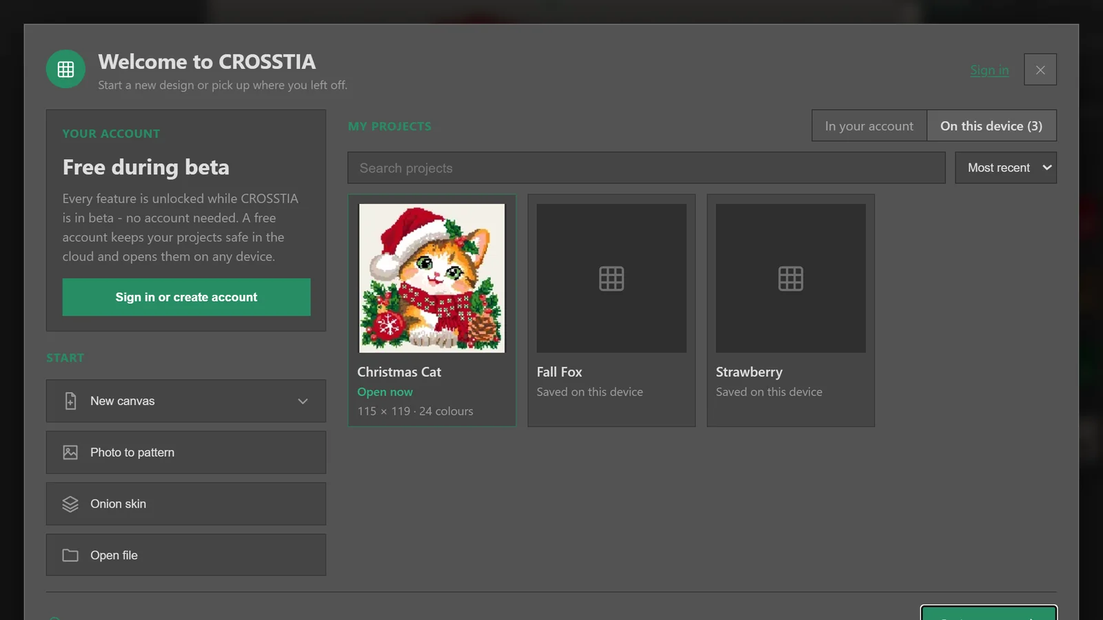 The CROSSTIA dashboard with projects saved to the account