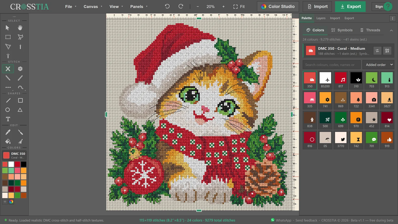 The CROSSTIA editor with the Christmas Cat pattern open