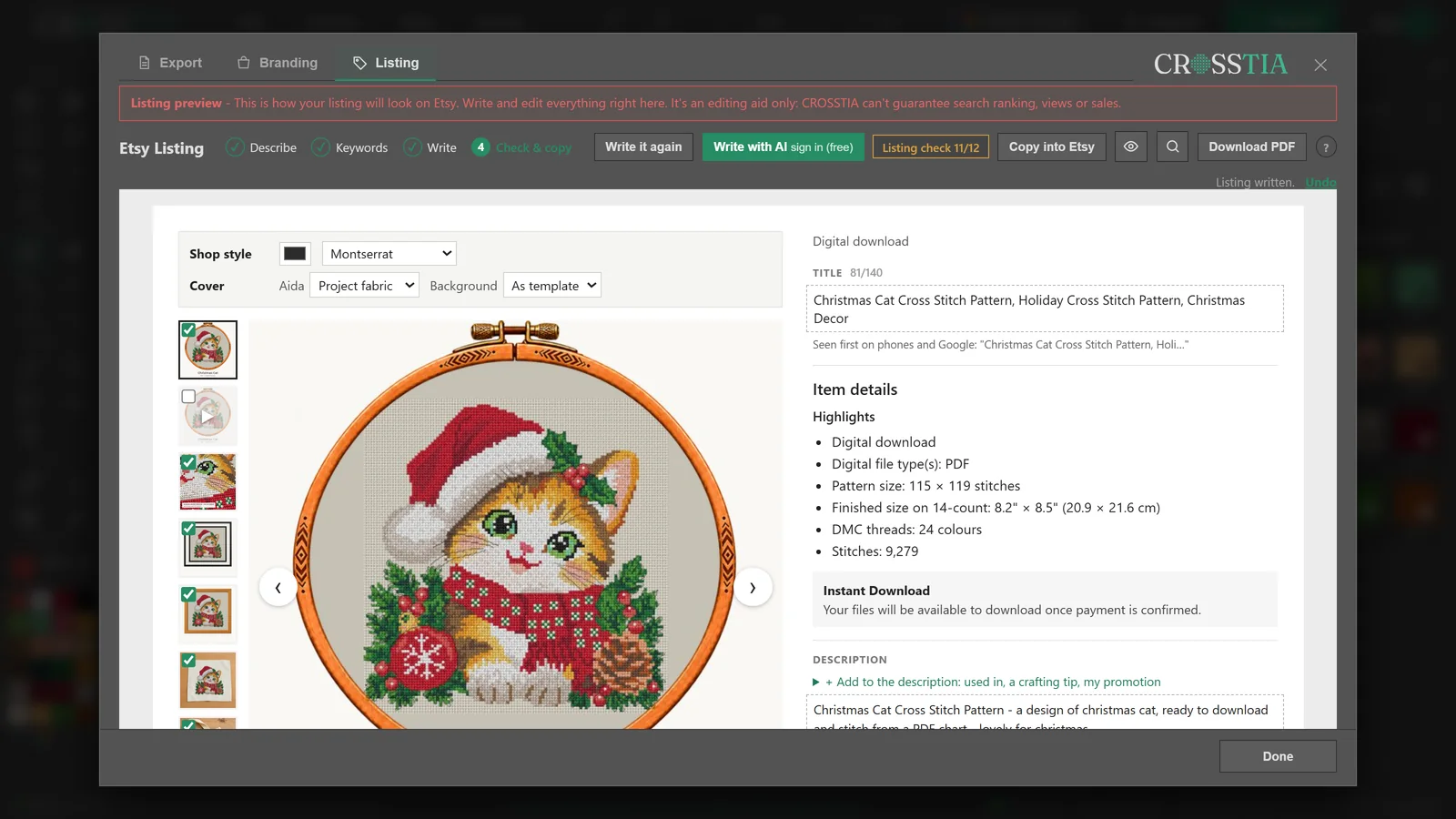 The Listing tab showing an Etsy-style preview of the Christmas Cat listing