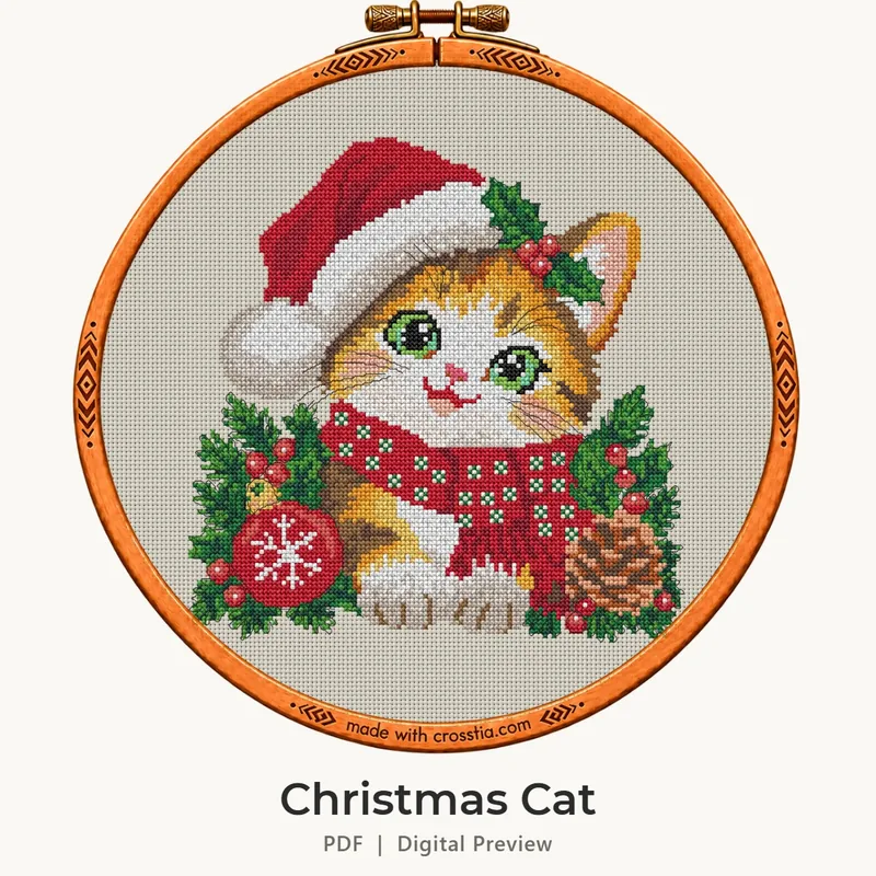 Listing cover: Christmas Cat stitched in a wooden hoop