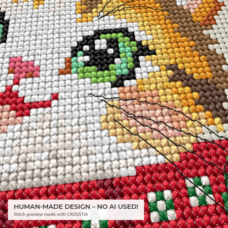 Close-up of the stitches with a human-made design label