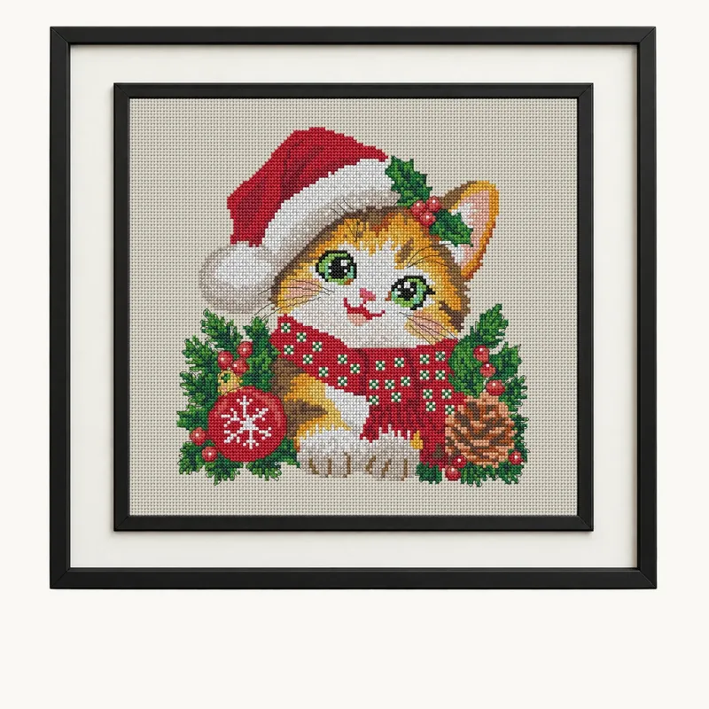 Cross-stitch frame mockup: Christmas Cat in a black frame