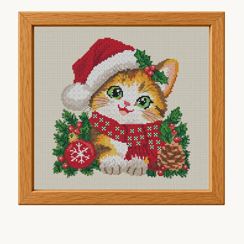 Cross-stitch frame mockup: Christmas Cat in a wooden frame