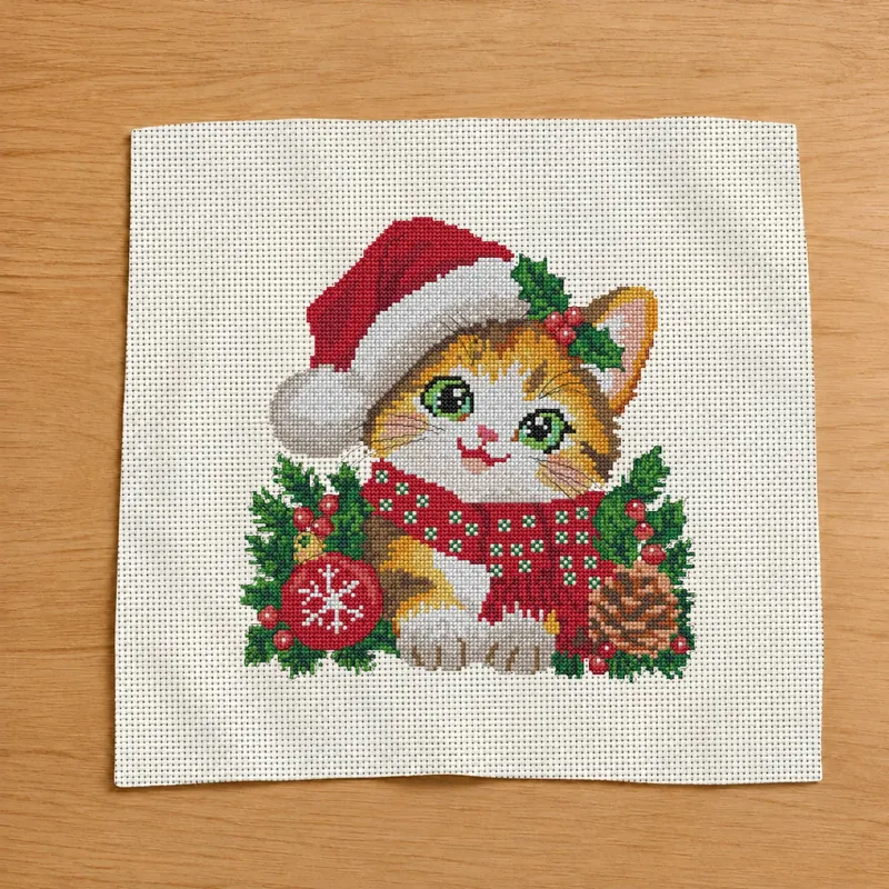 Cross-stitch flat lay mockup: Christmas Cat on Aida cloth