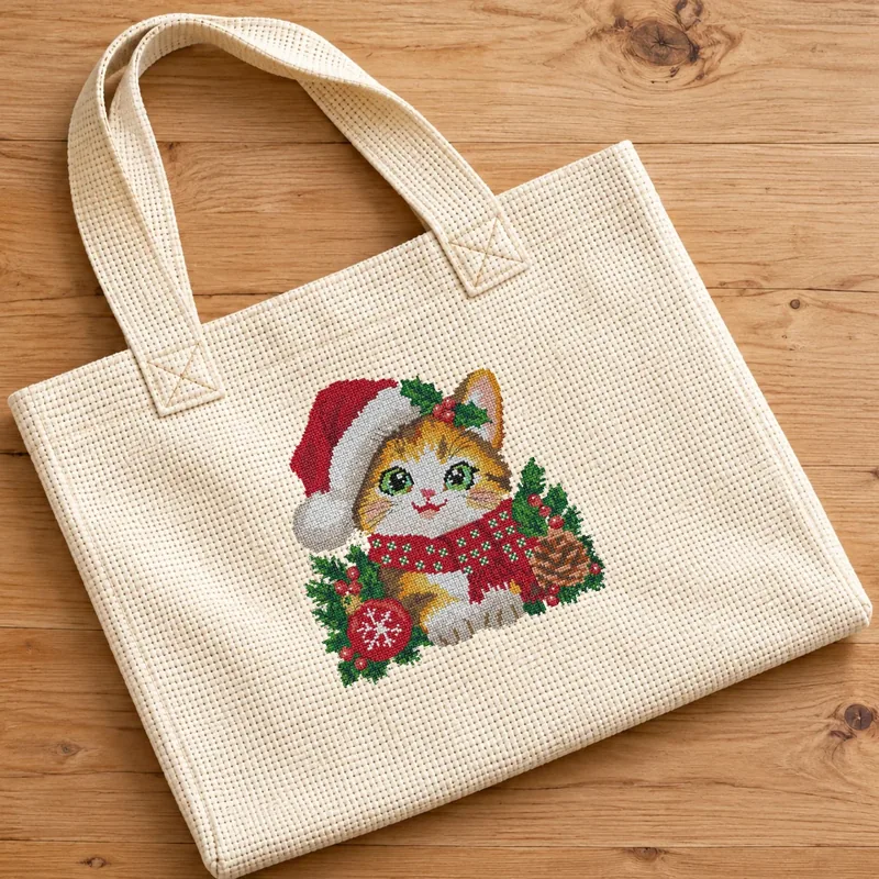 Cross-stitch tote bag mockup: Christmas Cat stitched on a tote