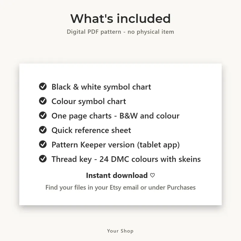 Etsy listing photo: what's included in the digital cross-stitch pattern