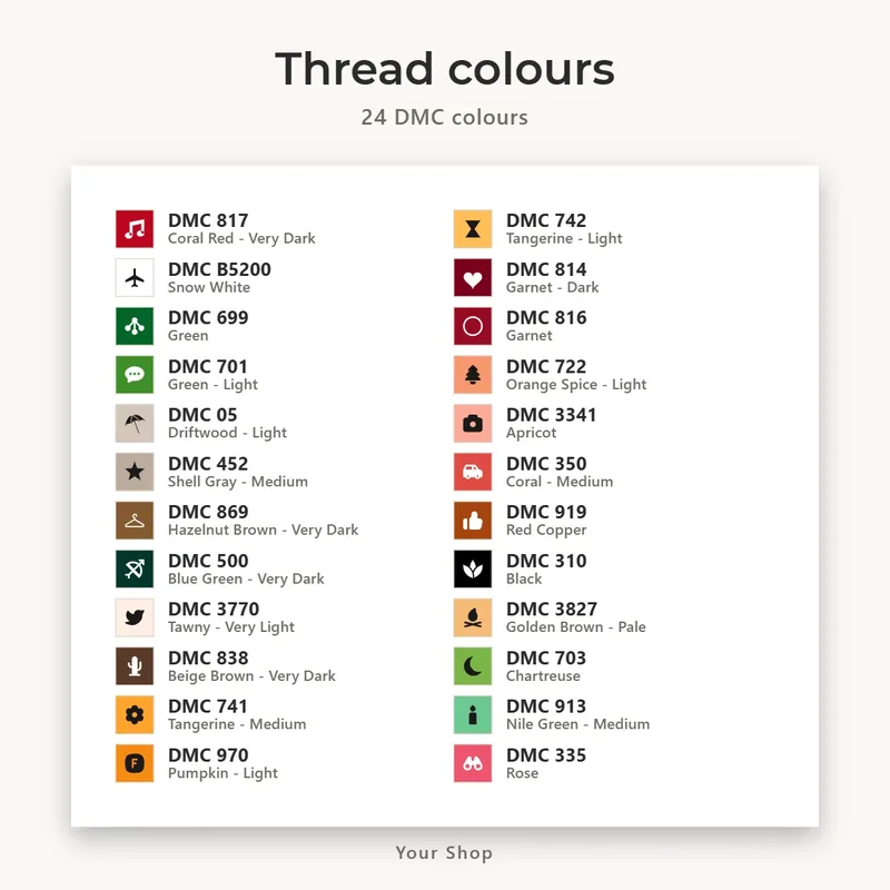 Thread colours list with DMC codes for the Christmas Cat pattern
