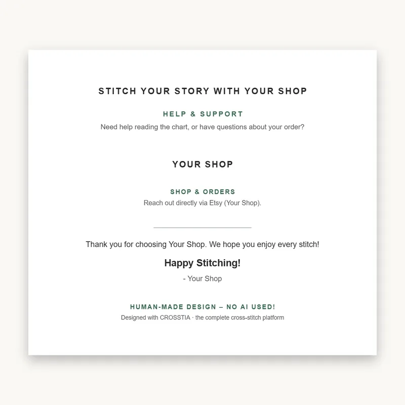 Etsy listing photo: thank-you page with the shop message