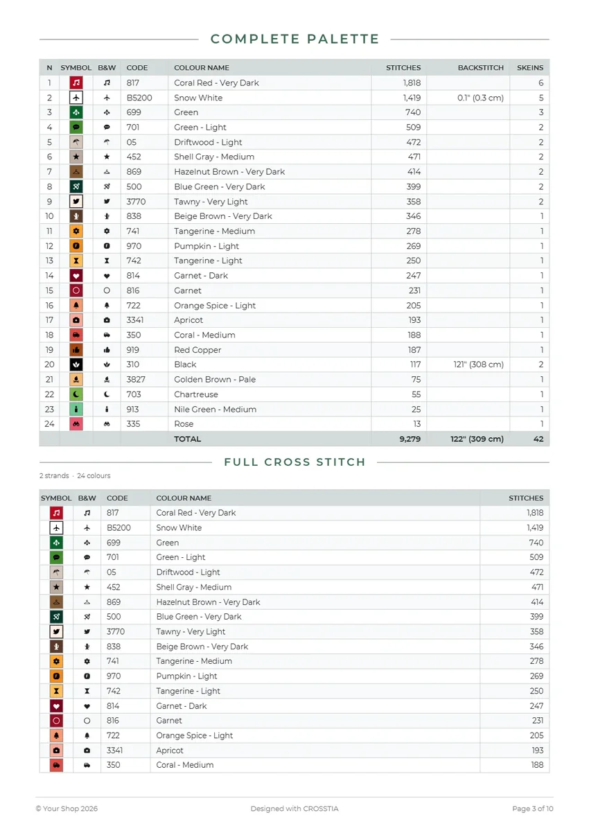 Full cross stitch thread list with symbols, stitches and skeins