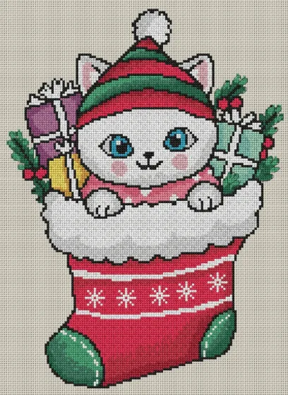 Kitten in a Christmas Stocking cross stitch pattern