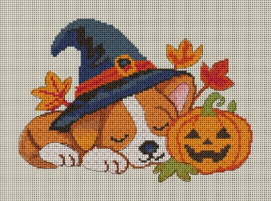 Puppy in a Witch Hat cross stitch pattern