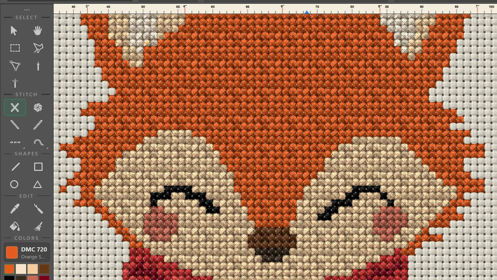 Stitch toolbar next to a zoomed-in view of the pattern